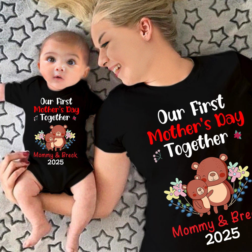 Custom Cute Bear Bunny Giraffe 100% Cotton T-Shirt and Baby Onesie, Our First Mother's Day Mom & Baby Set, First Mother's Day Gift for Newborn New Mom
