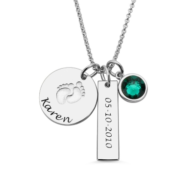 Baby Feet Disc Necklace With Birthstone For New Mom Sterling Silver
