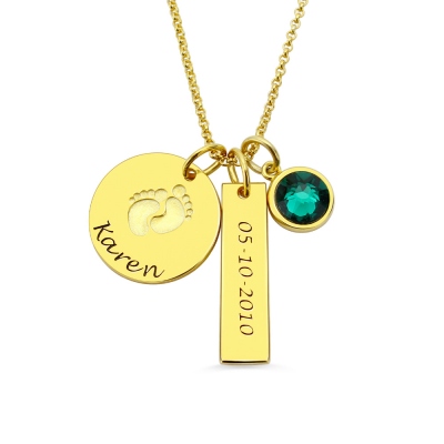 Baby Feet Disc Necklace With Birthstone For New Mom In Gold