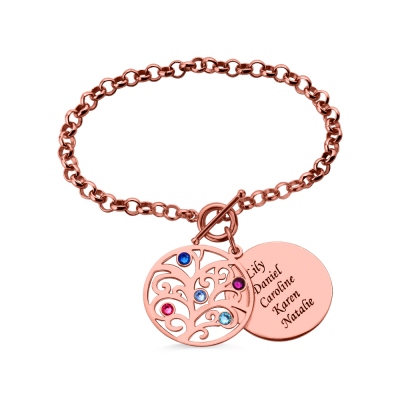 Engraved Family Tree Birthstone Bracelet In Rose Gold