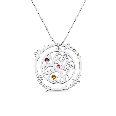 Silver Birthstone Family Tree Necklace with Names for Mothers
