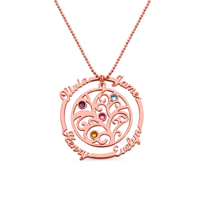 Birthstone Family Tree Necklace with Names for Mother Rose Gold