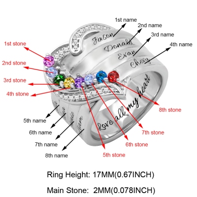 Personalized Heart Birthstone Ring Family Ring Gift for Her
