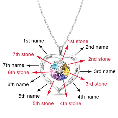 Personalized Heart Birthstone Necklace with Engraving in Silver