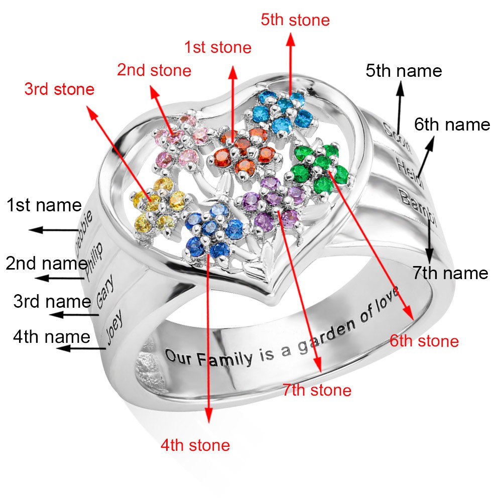 Custom 1-8 Birthstone Flower Ring with Engraving, Our Family Is A Garden Of Love Heart Ring, Flower Design Garden Family Ring for Grandmother/Mother