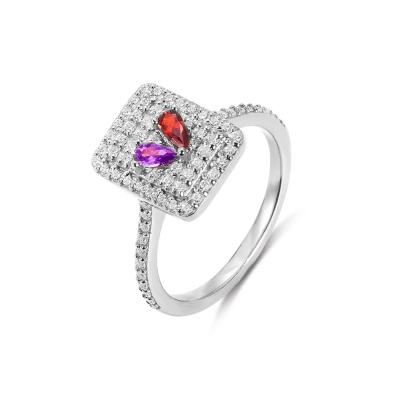 Personalized Pave Birthstones Rectangle Ring with Jewelry Box