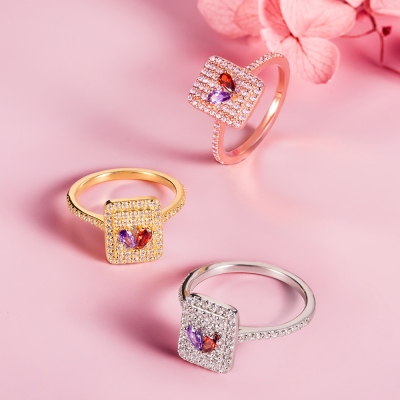 Personalized Pave Birthstones Rectangle Ring with Jewelry Box