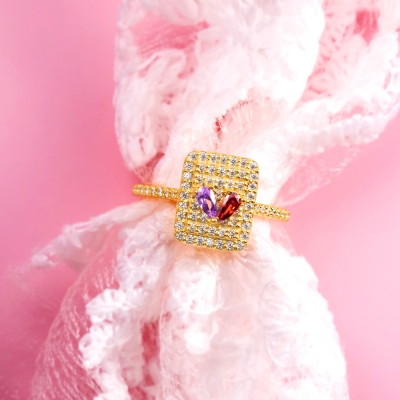 Personalized Pave Birthstones Rectangle Ring with Jewelry Box