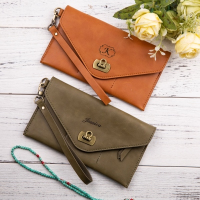 Personalized Leather Clutch Wristlet Wallet