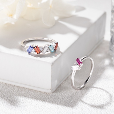 Personalized Baguette Birthstone Ring with 1-6 Rectangular