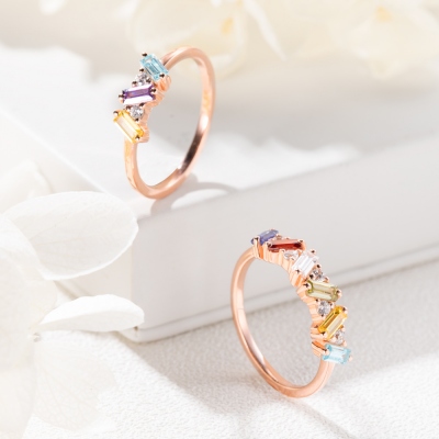 Personalized Baguette Birthstone Ring with 1-6 Rectangular