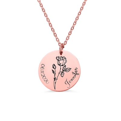 Engraved Birth Month Flower Disc Necklace Sterling Silver