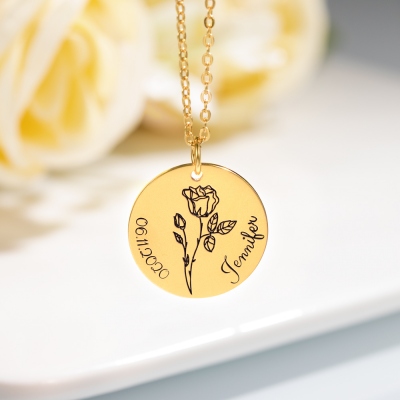 Engraved Birth Month Flower Disc Necklace Sterling Silver