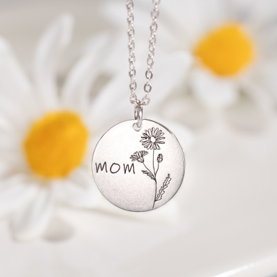 Engraved Birth Month Flower Disc Necklace Sterling Silver