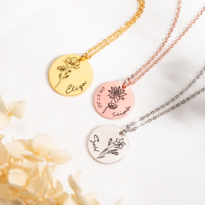 Engraved Birth Month Flower Disc Necklace Sterling Silver