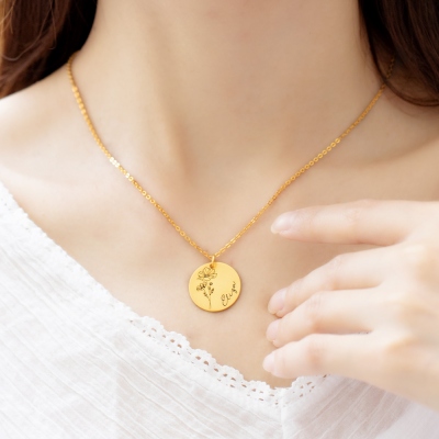 Engraved Birth Month Flower Disc Necklace Sterling Silver