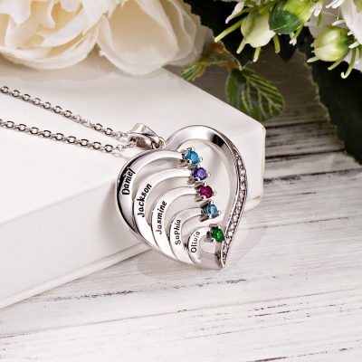 Personalized Name and Birthstone Family Heart Necklace