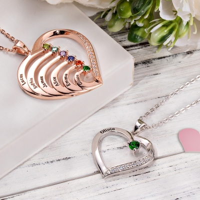 Personalized Name and Birthstone Family Heart Necklace