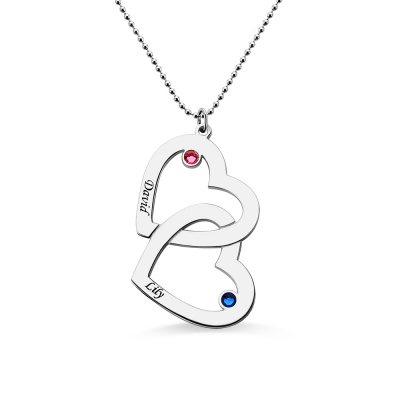Valentine's Double Heart Birthstones Name Necklace Gift for Her