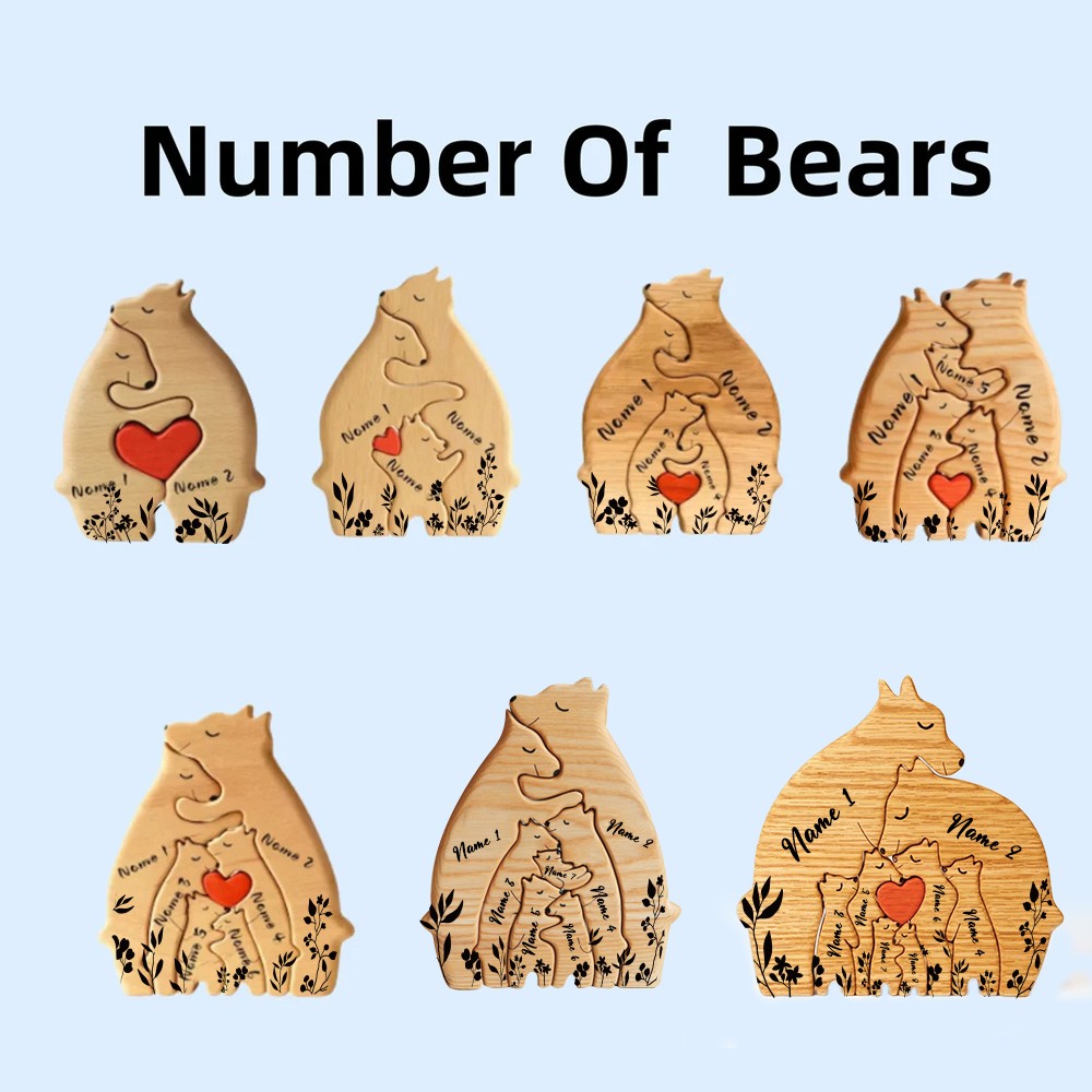 Nom personnalisé Puzzle familial d’ours en bois, figurine animale multijoueur, décoration de la maison familiale, cadeau souvenir familial, cadeau de Noël pour les parents/grand-mère