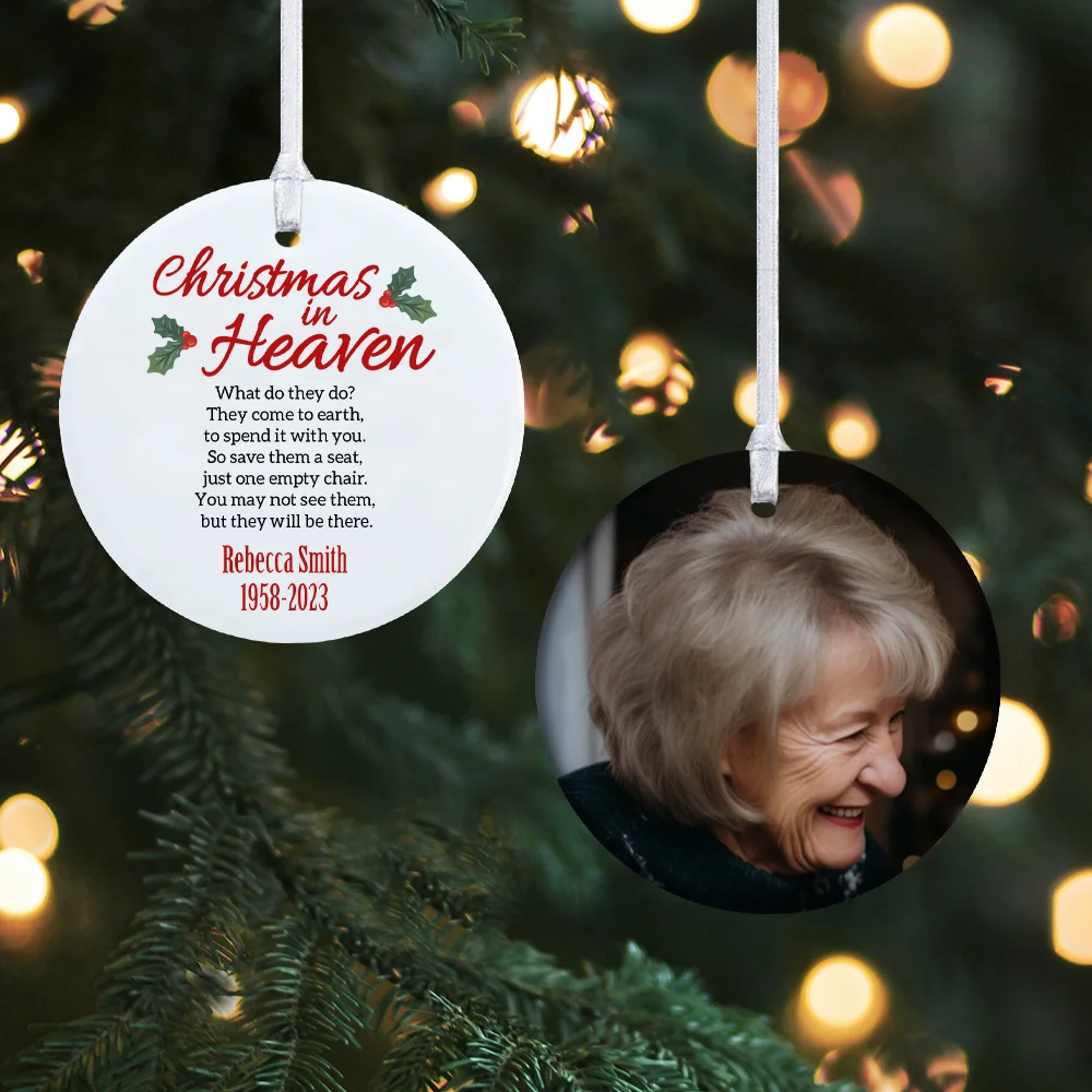 Personalized Christmas in Heaven Ornament, Custom Name & Photo Ornament with Heart Charm, Memorial Ornament, Christmas Tree Decor, Gift for Family/Her