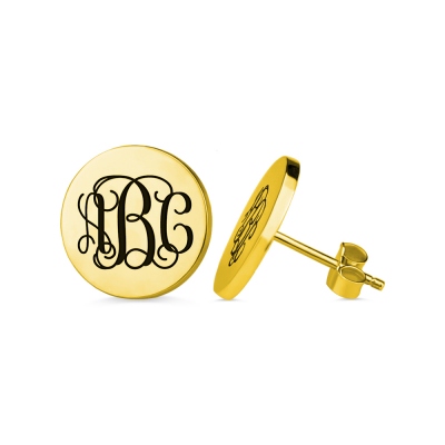 Engraved Disc Monogram Stud Earrings 18K Gold Plated Silver
