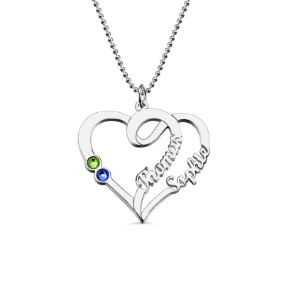 Couple Heart Names Necklace with Birthstones Sterling Silver