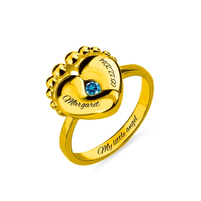 Baby Feet Birthstone Ring For New Mom Gold Plated Silver