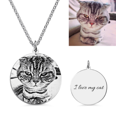 Individualized Cat Pet Photo Engraved Necklace Sterling Silver