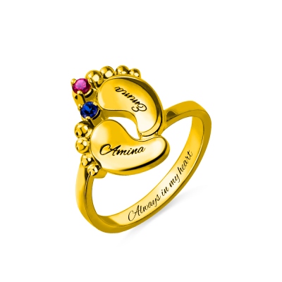 Engraved Baby Feet Birthstone Ring for Mom Gold Plated