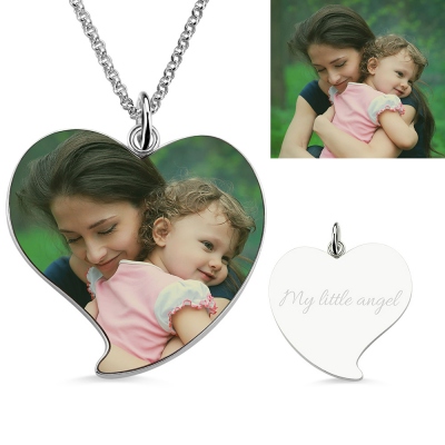 Graverat hjärtformat halsband med foto på mamma och dotter i sterlingsilver