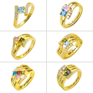 Bague Carrée-1 à 6 Prénoms et Pierres de Naissance-Plaqué Or