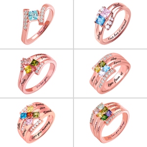 Bague Carrée-1 à 6 Prénoms et Pierres de Naissance-Plaqué Or Rose