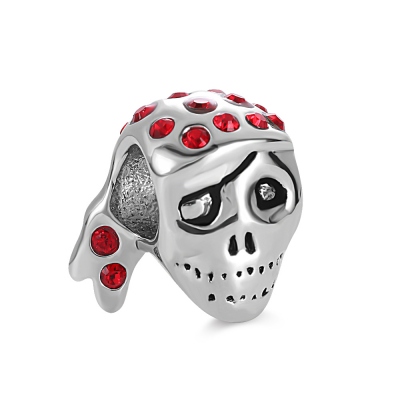 Red Diamonds Pirate skull Beaded in Silver