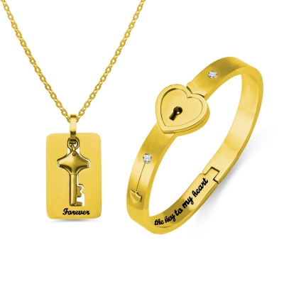Personalized Couple's Bracelet And Key Necklace in Gold