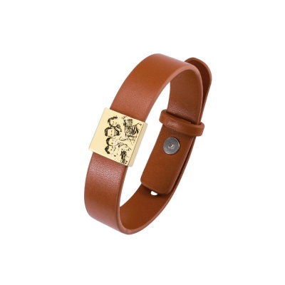 Personalized Photo Leather Bracelet for Men in Gold