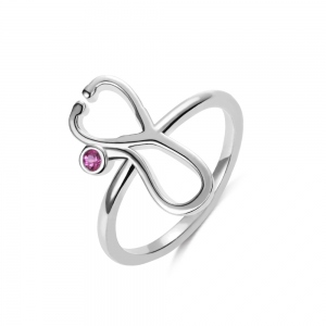 Personalized Stethoscope Birthstone Ring in Silver