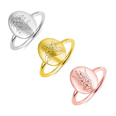 Personalized Birth Flower Ring With Engraving