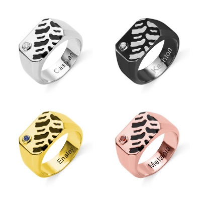 Personalized Tire Mark Ring with Birthstone