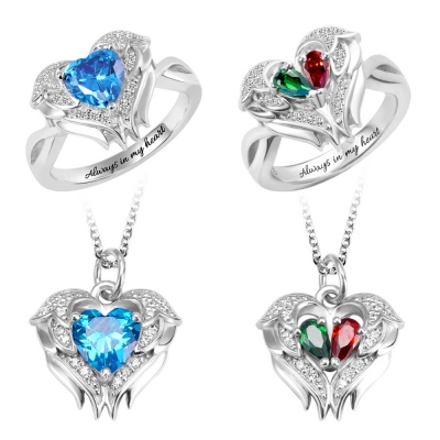 Personalized Angel Wings Birthstone Ring and Necklace