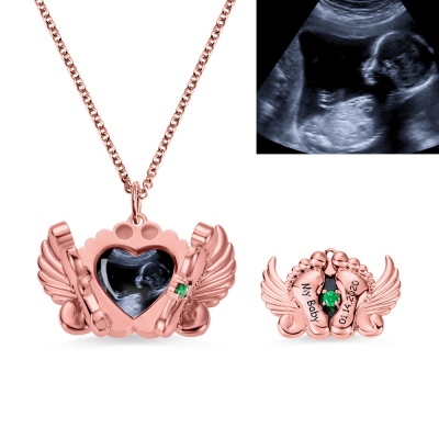 Personalized Photo and Name Angel Wing Feet Necklace in Rose Gold