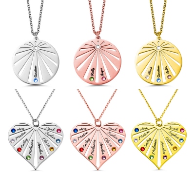 Customized Family Round & Heart Name Necklace with Birthstone