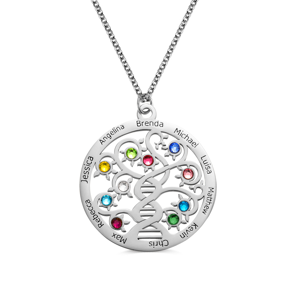 Colar personalizado com o nome da árvore genealógica com pedra de nascimento