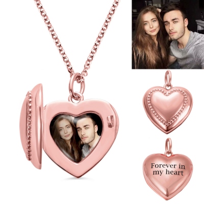 Personalized Heart Photo Necklace with Engraving in Rose Gold
