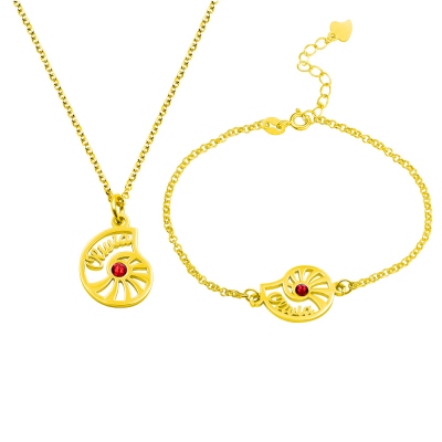 Personalized Name Conch Necklace and Bracelet with Birthstone in Gold