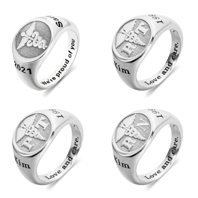 Custom Medical Symbol RN LPN Caduceus Signet Ring with Engraved Text, Sterling Silver 925 Jewelry, Graduation Gift for Nurse Doctor Medical Staff