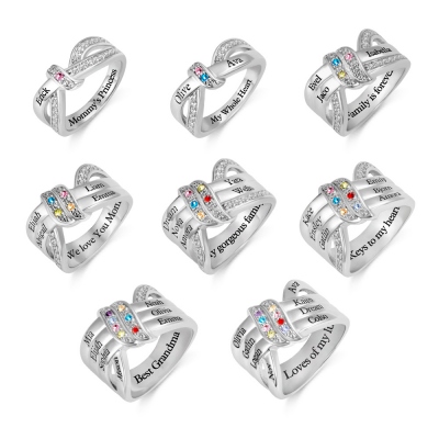 Engraved 1-8 Names and Birthstones Ribbon Ring with Easy to Read Font