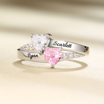Roseinside | Engraved Double Heart Birthstone Ring in Silver