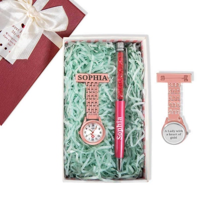 Personalized Medical Clip on Fob Watch & Ballpoint Pen Set with Engraved Name and Gift Box, Thank You Birthday Gifts for Nurses/Doctors/Vets