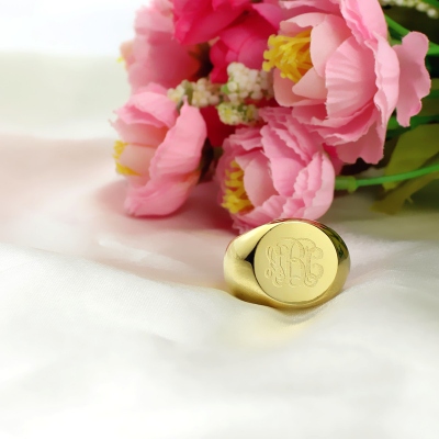 18K Gold-Plated Engraved Circle Monogram Signet Ring